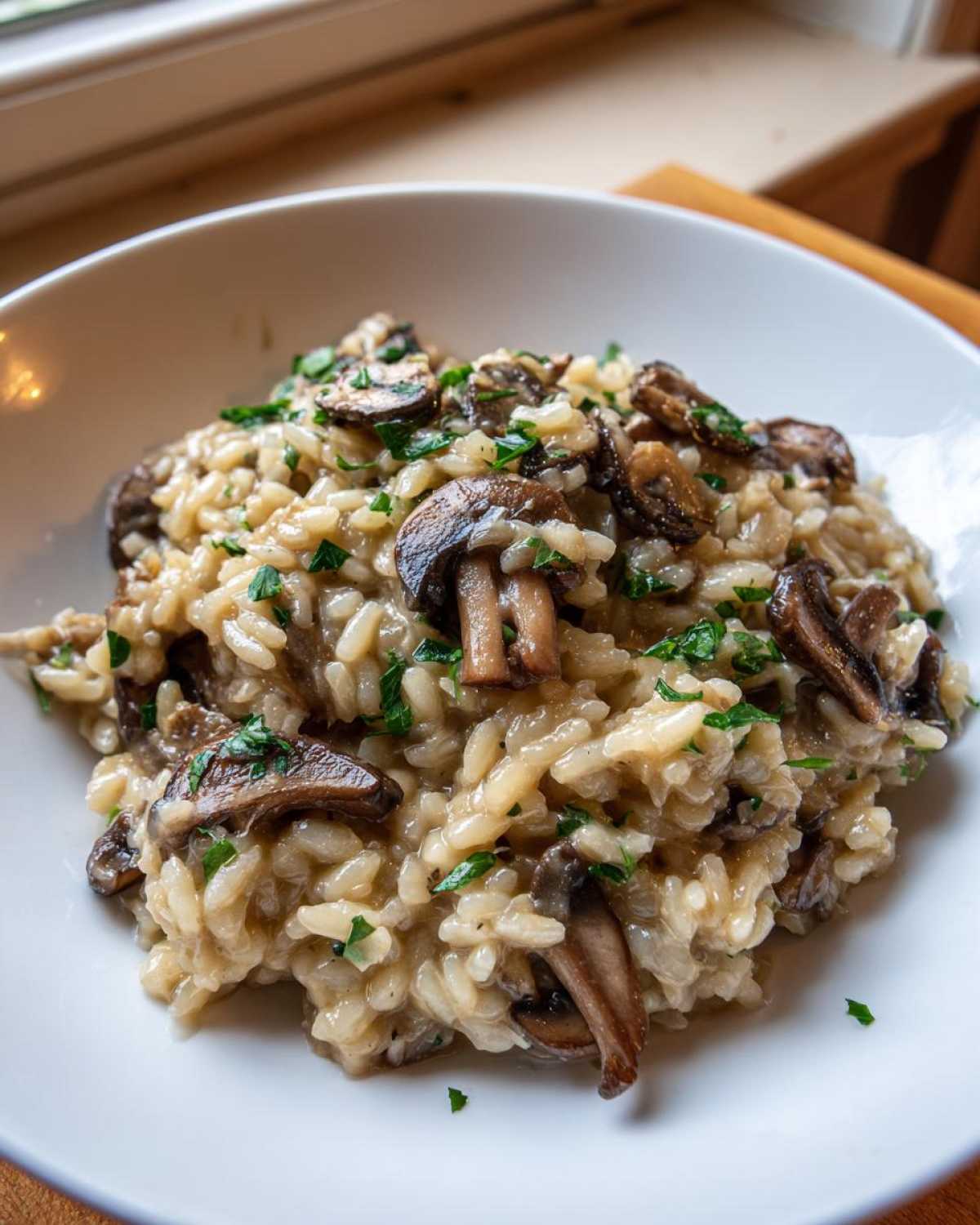 Close-up of a bowl of Instant Pot Creamy Mushroom Risotto topped with sautéed mushrooms and parsley.