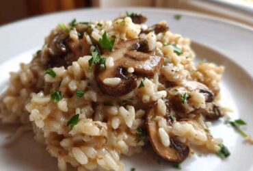 Close-up of creamy Instant Pot Creamy Mushroom Risotto topped with sliced, sautéed mushrooms and fresh parsley.