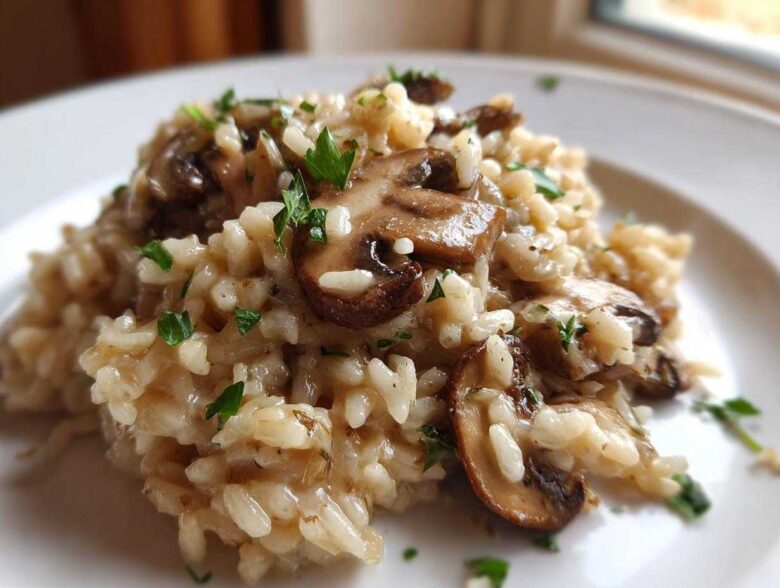 Close-up of creamy Instant Pot Creamy Mushroom Risotto topped with sliced, sautéed mushrooms and fresh parsley.
