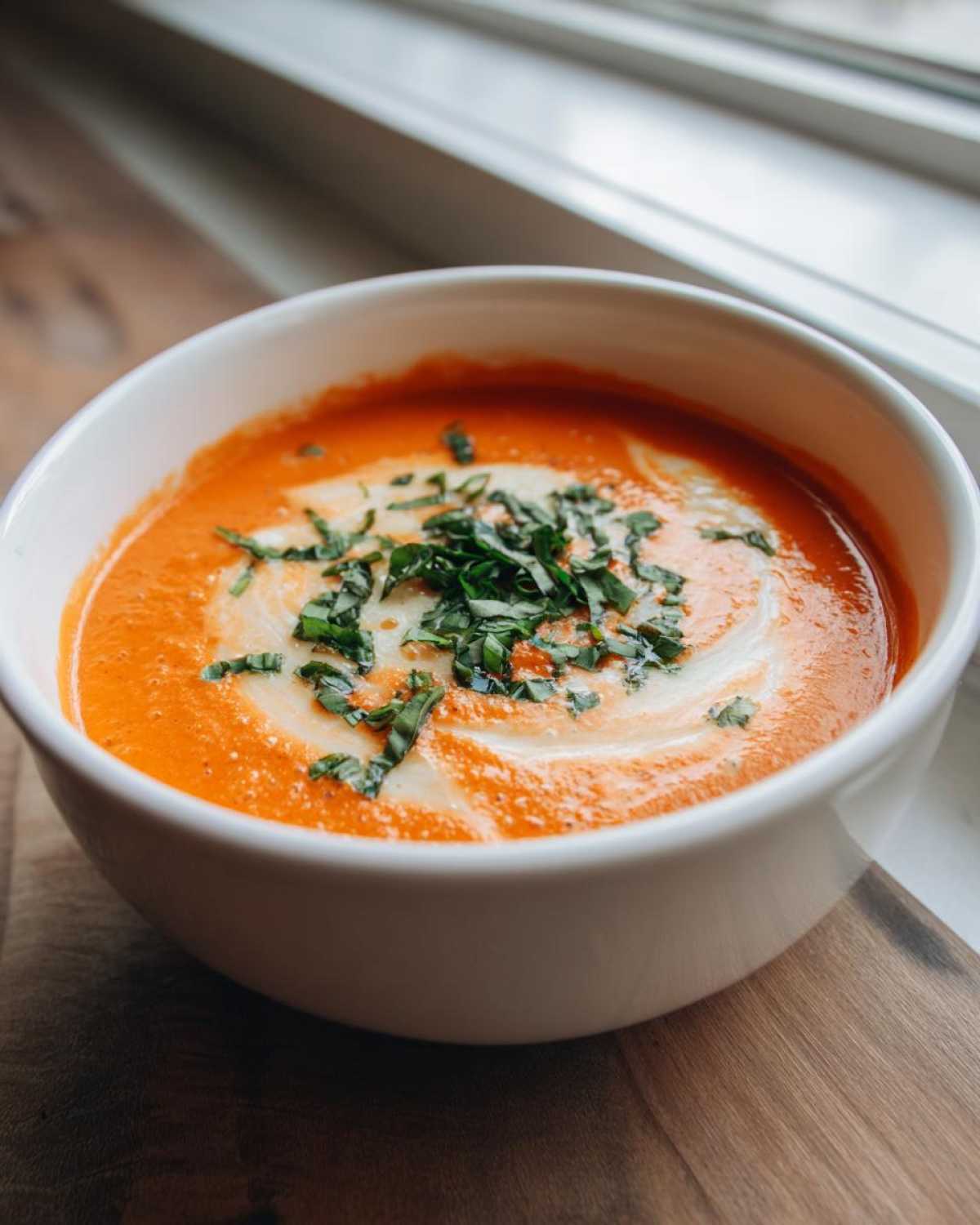 Close-up of a white bowl filled with vibrant Instant Pot Creamy Tomato Bisque, swirled with cream and topped with fresh basil.
