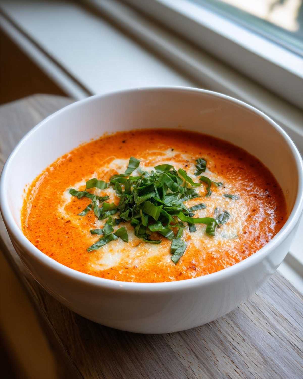 Close-up of a white bowl filled with vibrant orange Instant Pot Creamy Tomato Bisque, topped with cream swirl and fresh chopped basil.