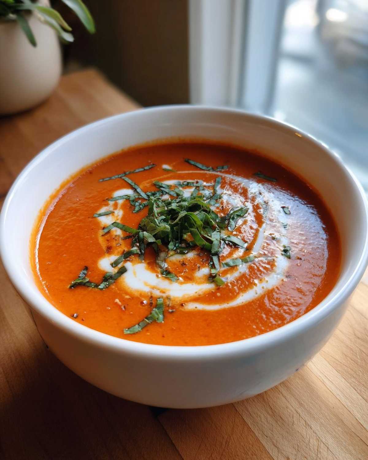 Close-up of a bowl of vibrant Instant Pot Creamy Tomato Bisque, garnished with a swirl of cream and fresh basil.