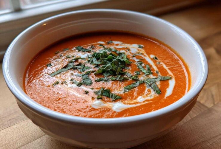 A close-up of Instant Pot Creamy Tomato Bisque, garnished with a swirl of cream and fresh basil.