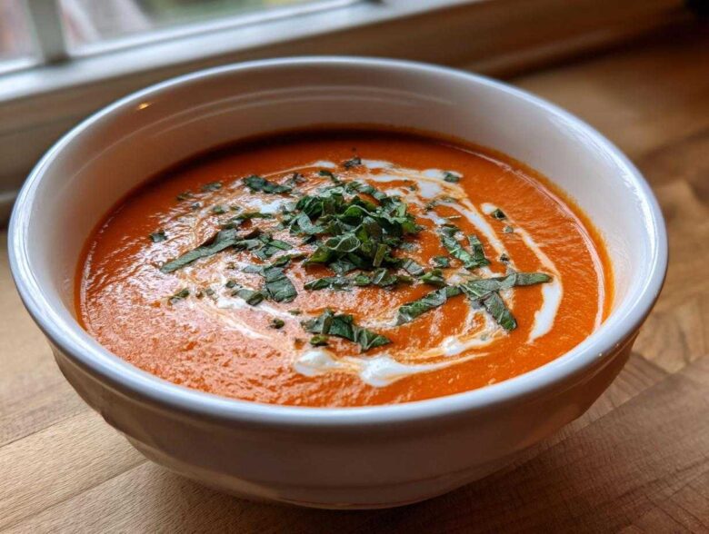 A close-up of Instant Pot Creamy Tomato Bisque, garnished with a swirl of cream and fresh basil.