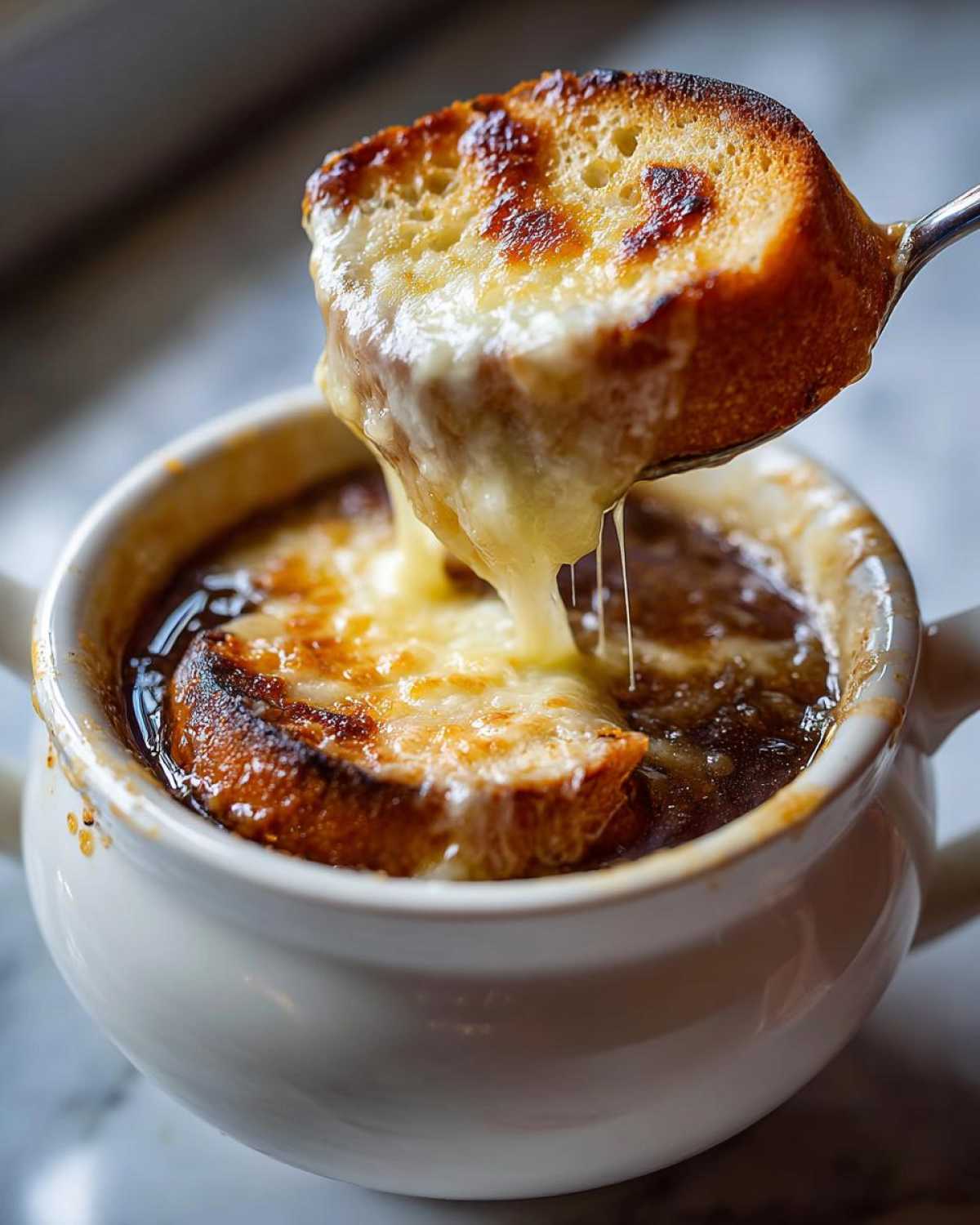 A spoonful of melted, gooey cheese topping a crouton being lifted from a bowl of Instant Pot French Onion Soup.