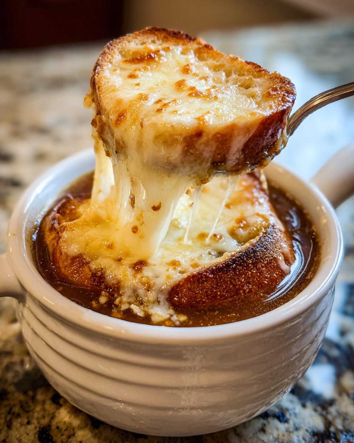 A spoonful of melted, gooey cheese topping is pulled from a bowl of Instant Pot French Onion Soup.
