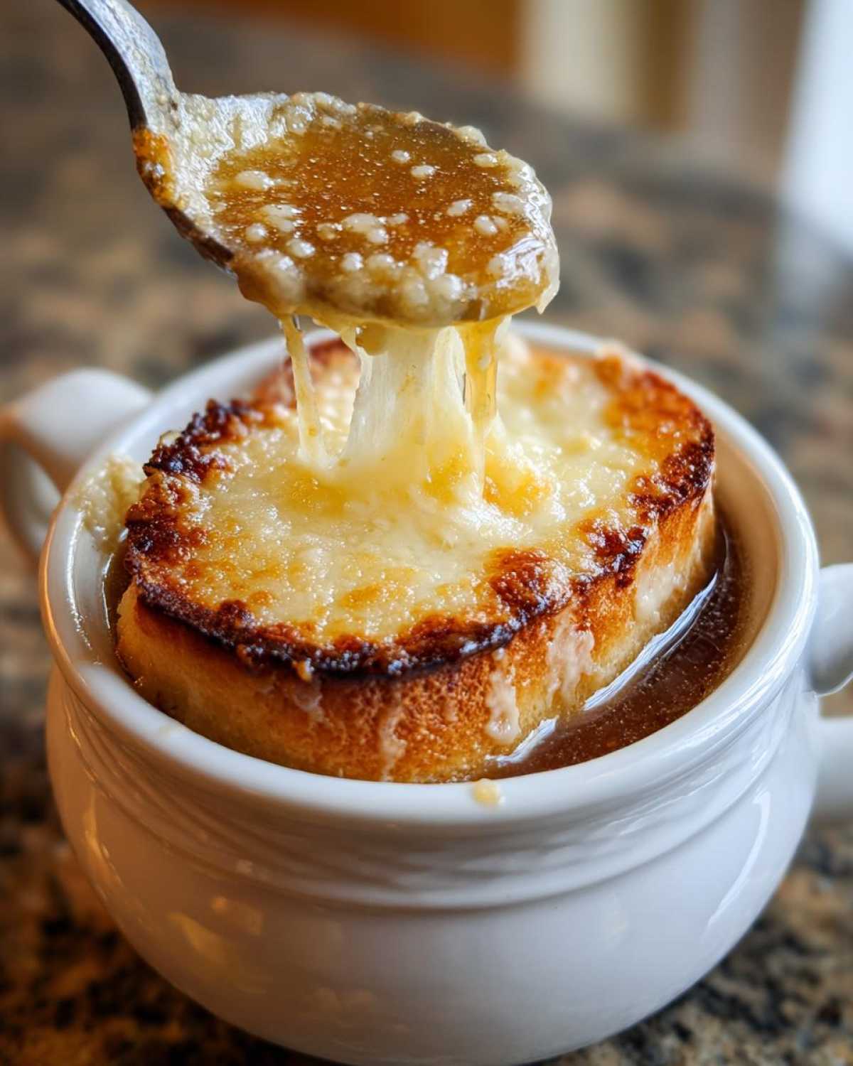 A spoonful lifts melted, stringy cheese from a piece of toasted bread in a bowl of Instant Pot French Onion Soup.