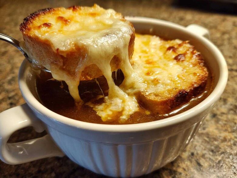 A spoonful of bread topped with melted, gooey cheese is lifted from a bowl of rich Instant Pot French Onion Soup.