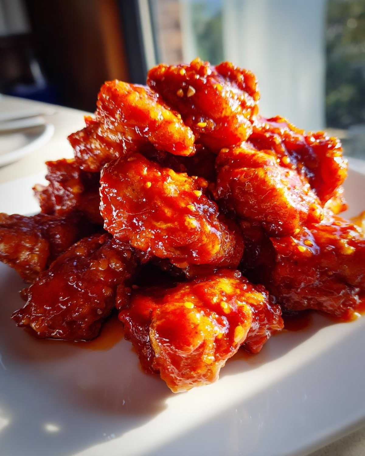 Close-up of sticky, bright red glazed Instant Pot Honey Sriracha Chicken piled on a white plate.
