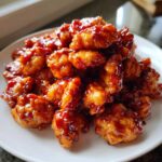 A mound of crispy chicken pieces coated in a thick, glossy, reddish-brown Honey Sriracha sauce on a white plate.