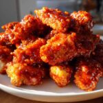 Close-up of crispy chicken pieces coated in a thick, glossy, spicy red honey sriracha sauce.