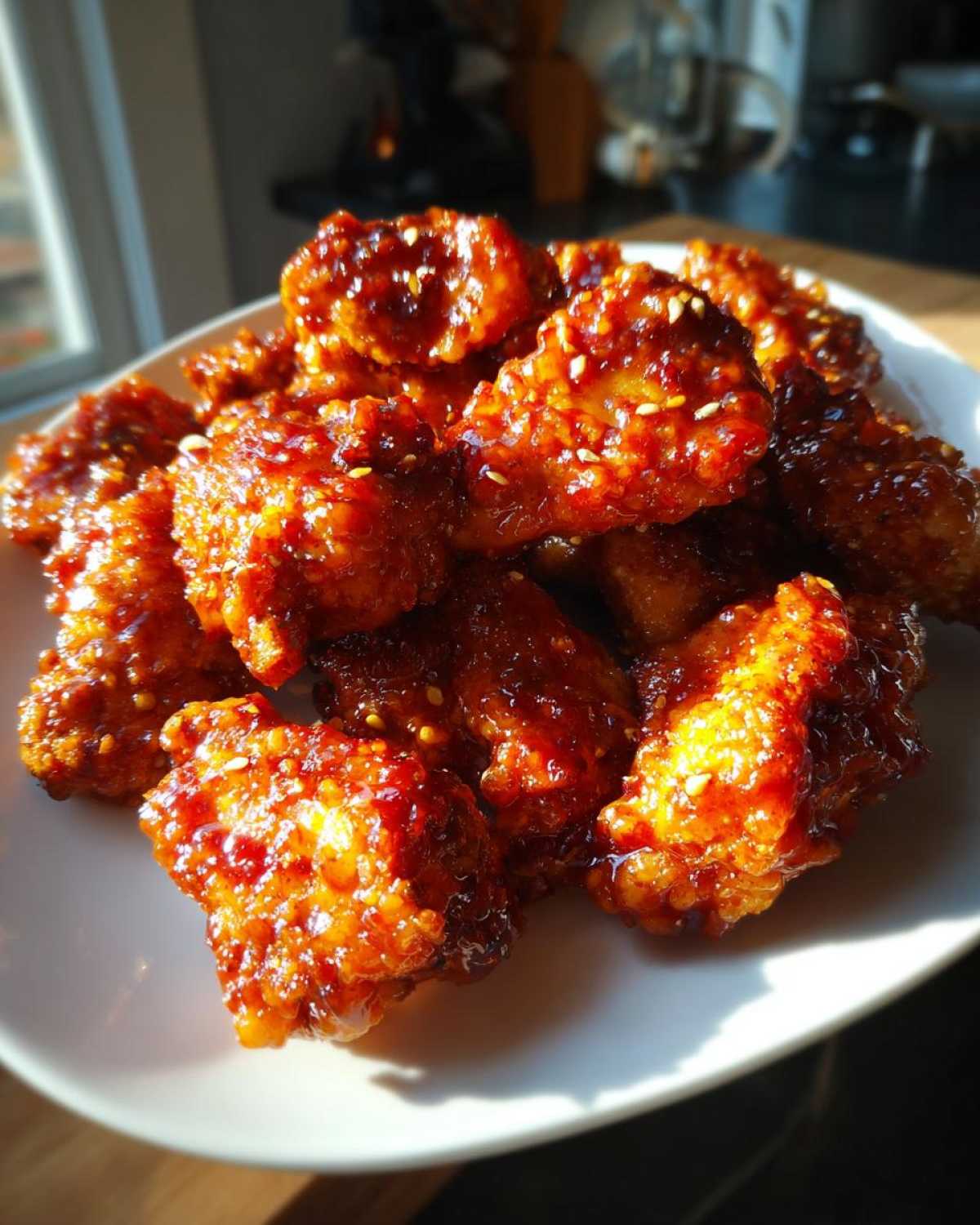 Close-up of sticky, glazed Instant Pot Honey Sriracha Chicken pieces sprinkled with sesame seeds on a white plate.