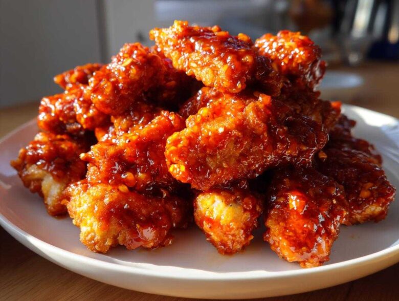 Close-up of crispy chicken pieces coated in a thick, glossy, spicy red honey sriracha sauce.