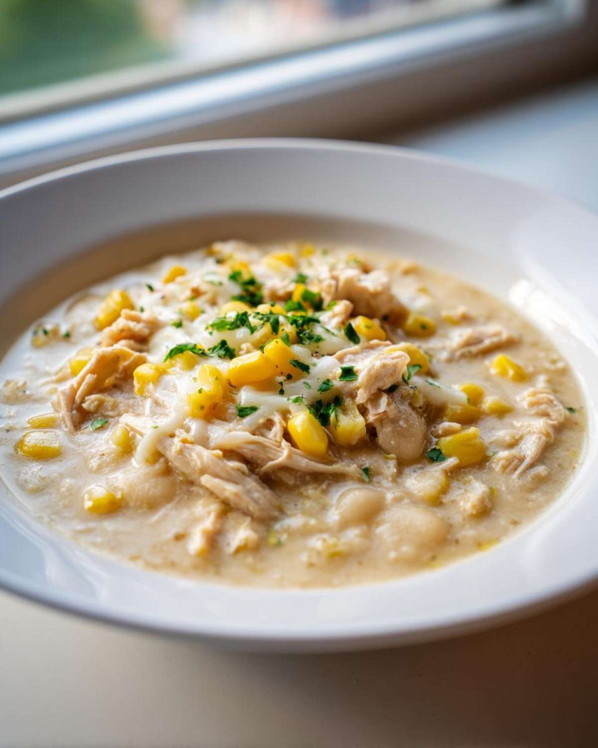 A close-up of a creamy bowl of Instant Pot White Chicken Chili with Corn, topped with melted cheese and parsley.
