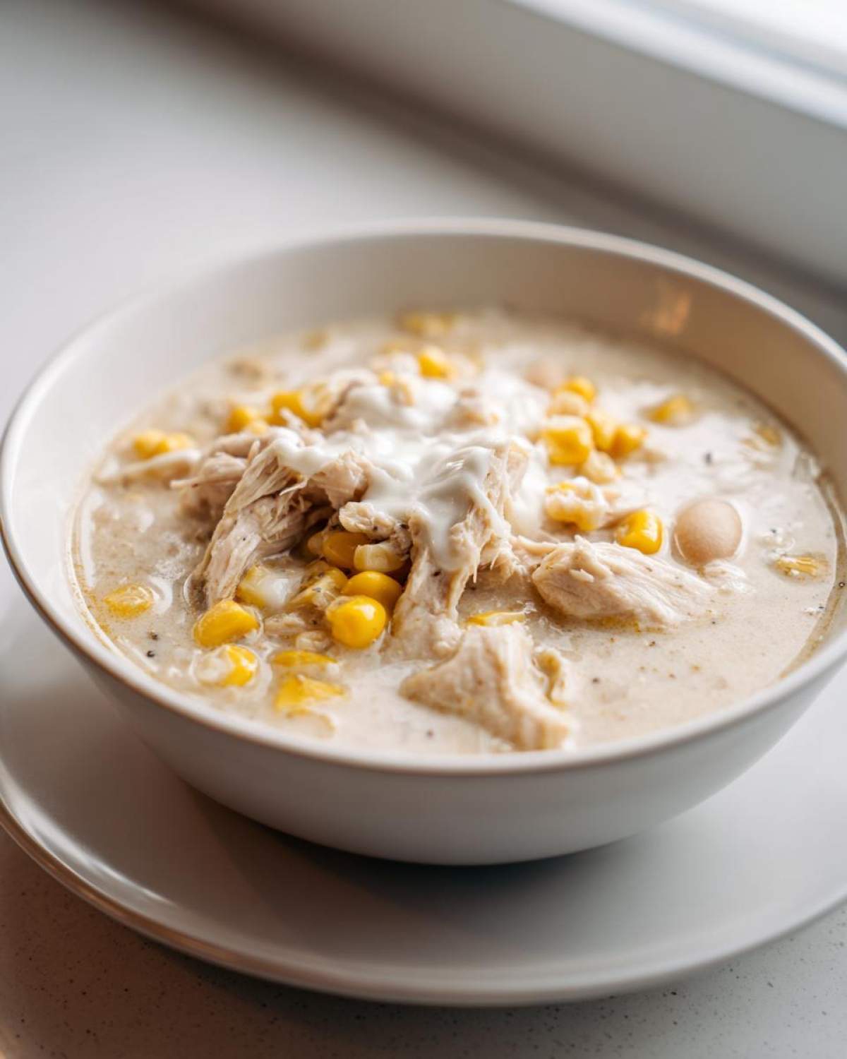 A close-up of a white bowl filled with creamy Instant Pot White Chicken Chili with Corn, garnished with a swirl of cream.