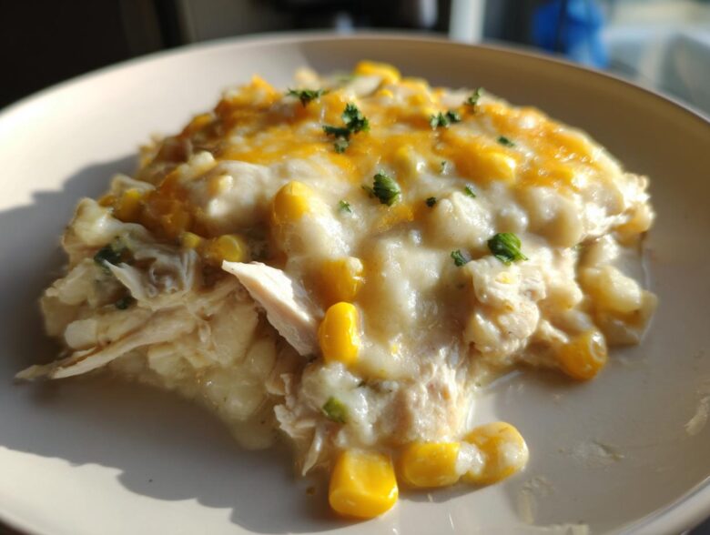 A close-up of a creamy serving of Instant Pot White Chicken Chili with Corn topped with melted cheddar cheese.