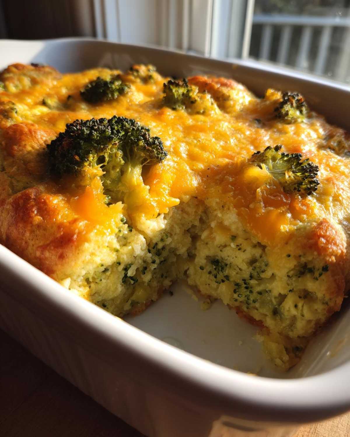 A scoop removed from a Keto Cheesy Broccoli Casserole topped with melted cheddar cheese and visible broccoli florets.