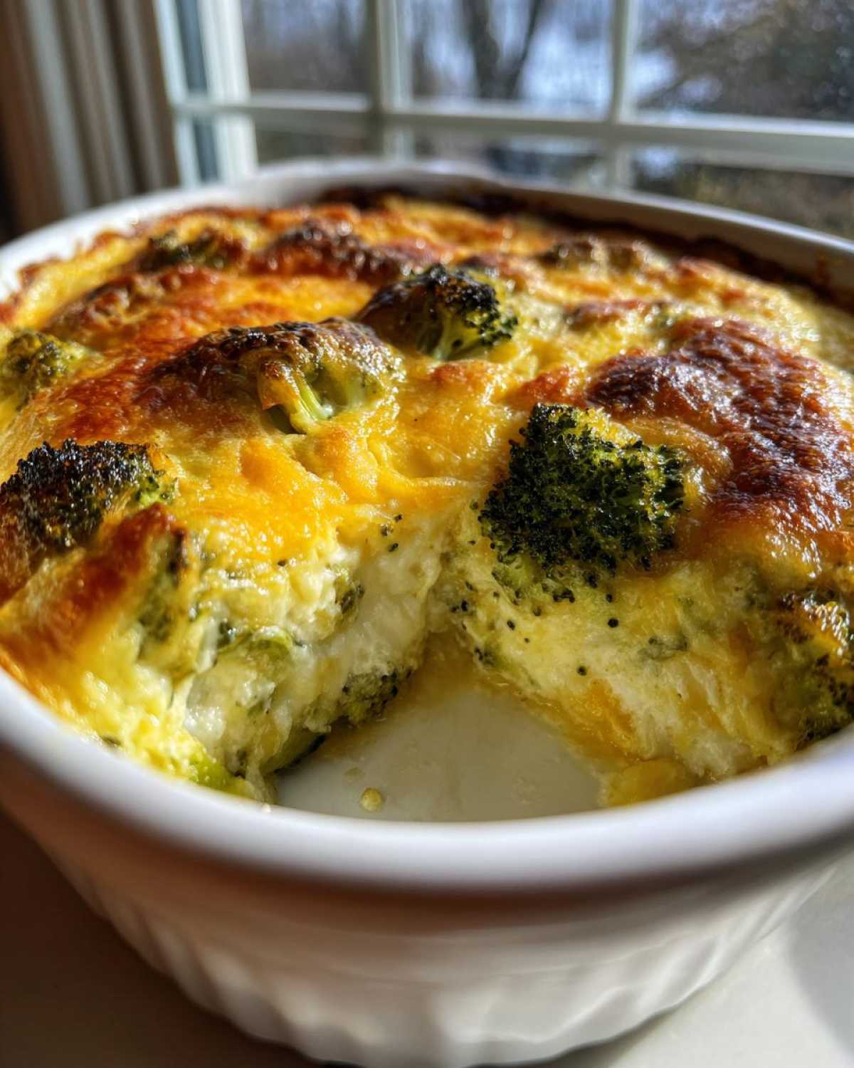 Close-up of a baked Keto Cheesy Broccoli Casserole with a browned cheese top and a serving removed.