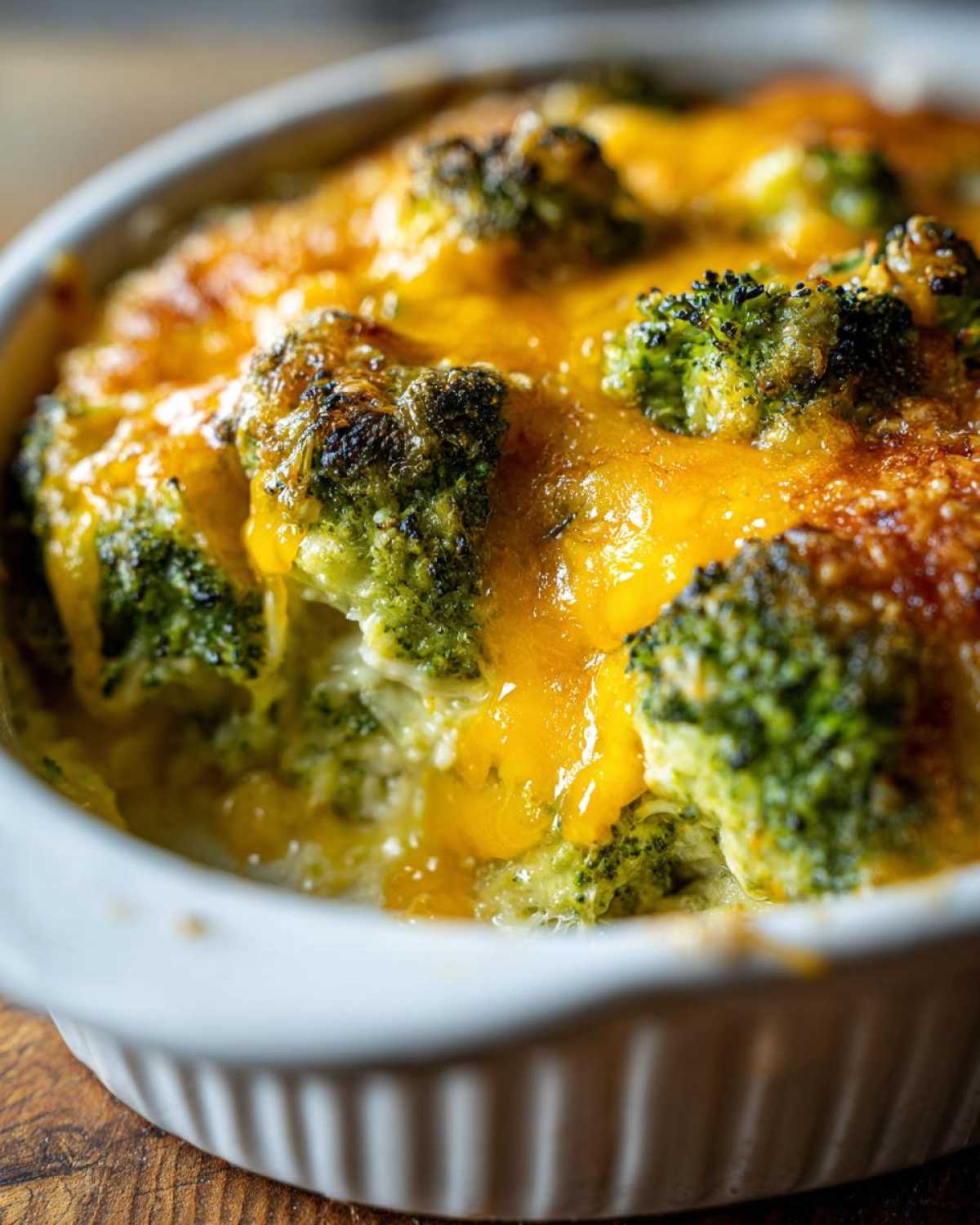 A close-up view of a bubbling Keto Cheesy Broccoli Casserole topped with melted, browned cheddar cheese in a white ramekin.