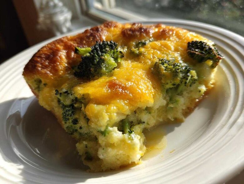 A close-up of a serving of Keto Cheesy Broccoli Casserole with a golden-brown top and melted cheddar cheese.