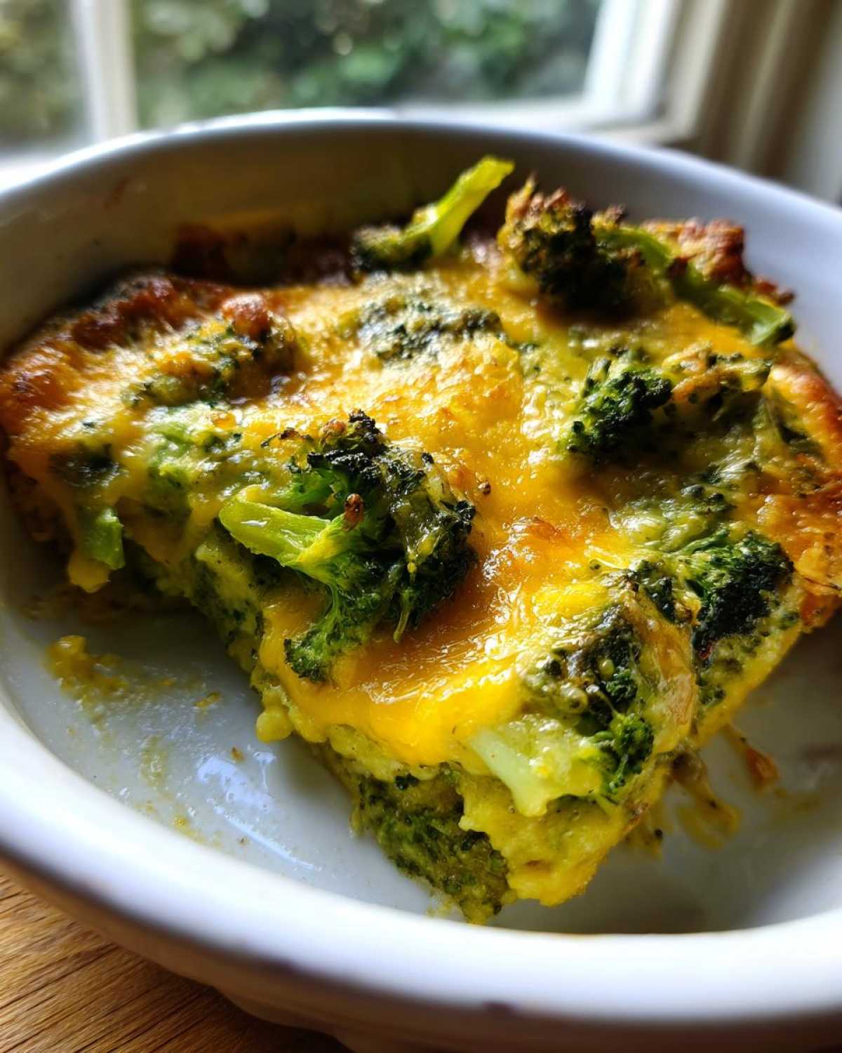 A close-up of a single serving of Keto Cheesy Broccoli Casserole with melted cheddar cheese topping.