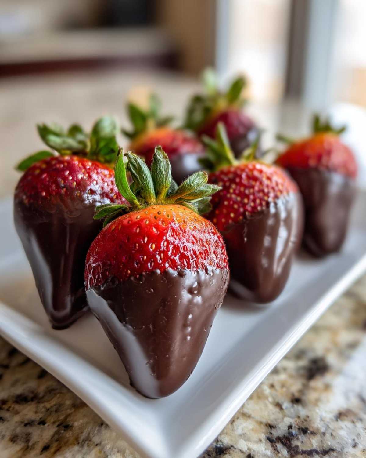 Close-up of fresh strawberries partially dipped in rich dark chocolate, perfect for Keto Chocolate Covered Strawberries.