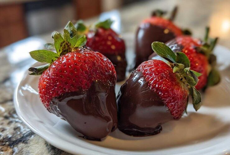 Close-up of fresh strawberries partially dipped in rich, dark chocolate, ready to enjoy as Keto Chocolate Covered Strawberries.