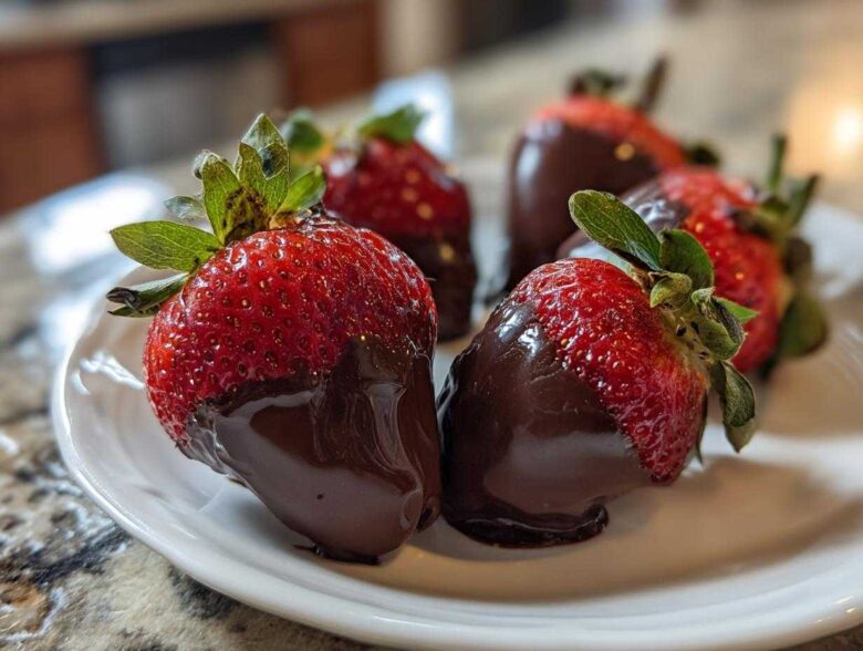 Close-up of fresh strawberries partially dipped in rich, dark chocolate, ready to enjoy as Keto Chocolate Covered Strawberries.