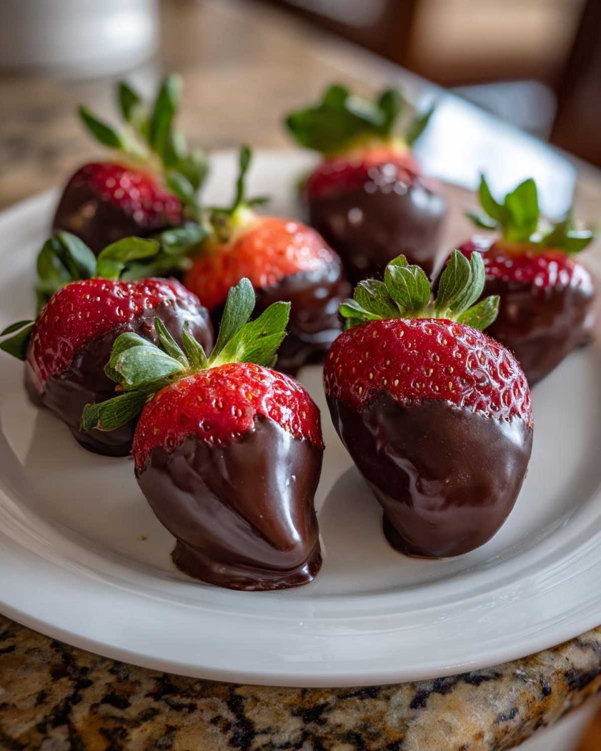 Close-up of fresh strawberries partially dipped in rich dark chocolate, perfect for Keto Chocolate Covered Strawberries.
