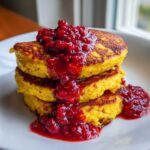 Close-up of three thick Keto Coconut Flour Pancakes stacked and drizzled generously with bright red raspberry sauce.