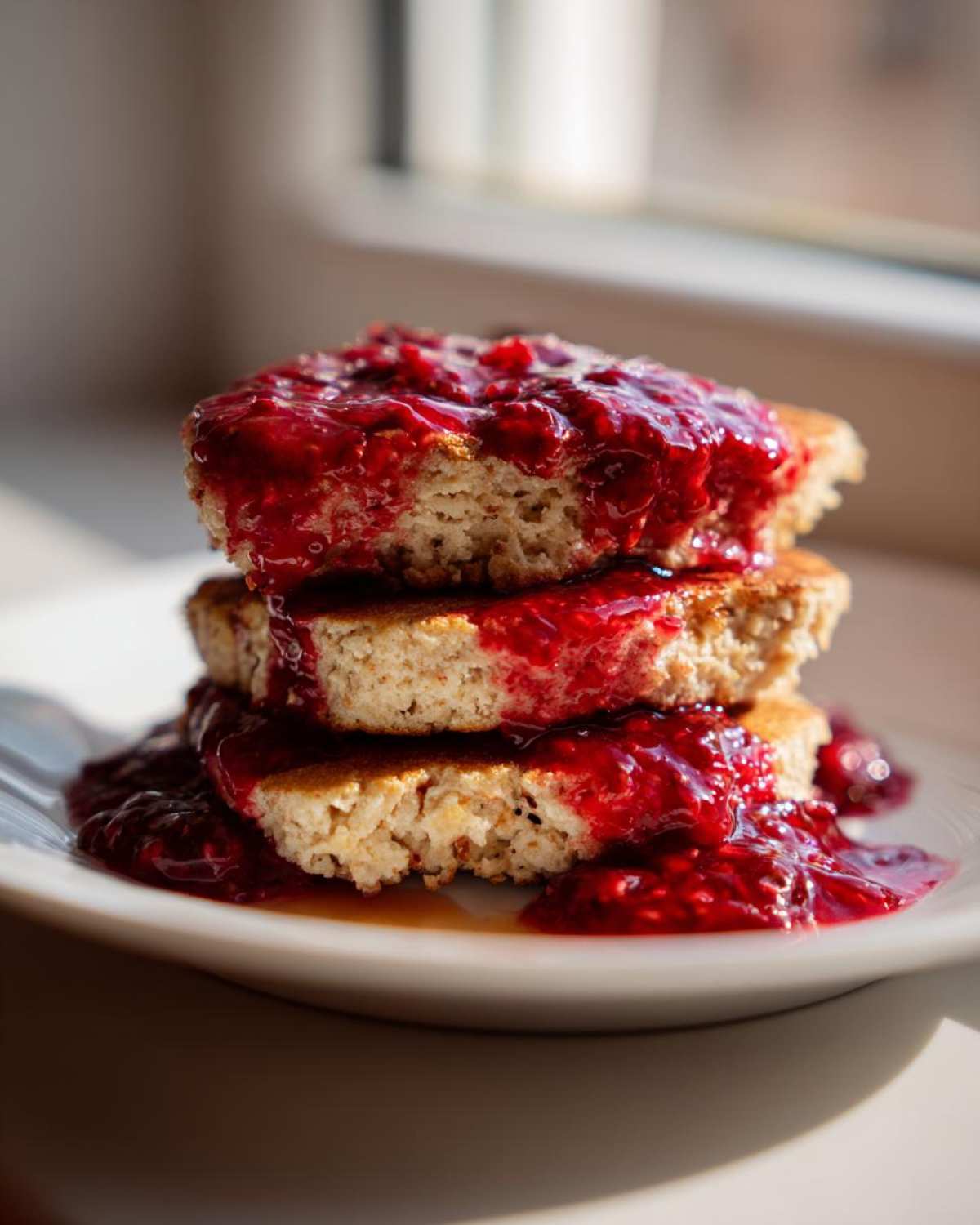 Stack of three Keto Coconut Flour Pancakes generously topped with bright red, chunky berry sauce.