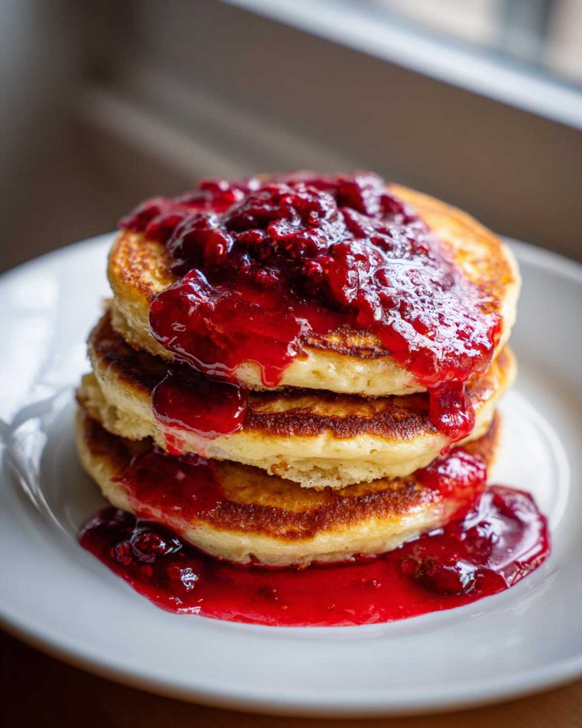 Close-up of a stack of three golden Keto Coconut Flour Pancakes topped with thick, bright red berry sauce.