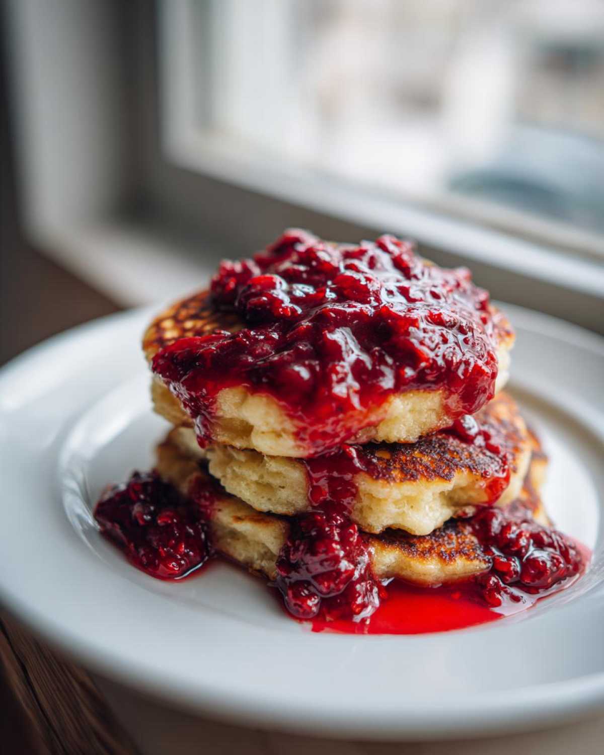 A stack of three Keto Coconut Flour Pancakes topped generously with bright red, chunky berry sauce.