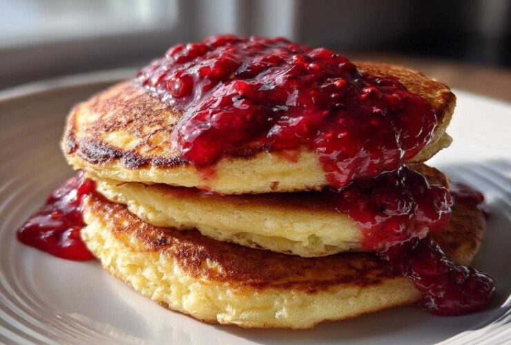 Stack of three golden Keto Coconut Flour Pancakes topped generously with vibrant, chunky raspberry sauce.