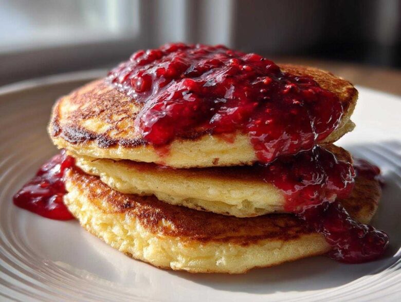 Stack of three golden Keto Coconut Flour Pancakes topped generously with vibrant, chunky raspberry sauce.