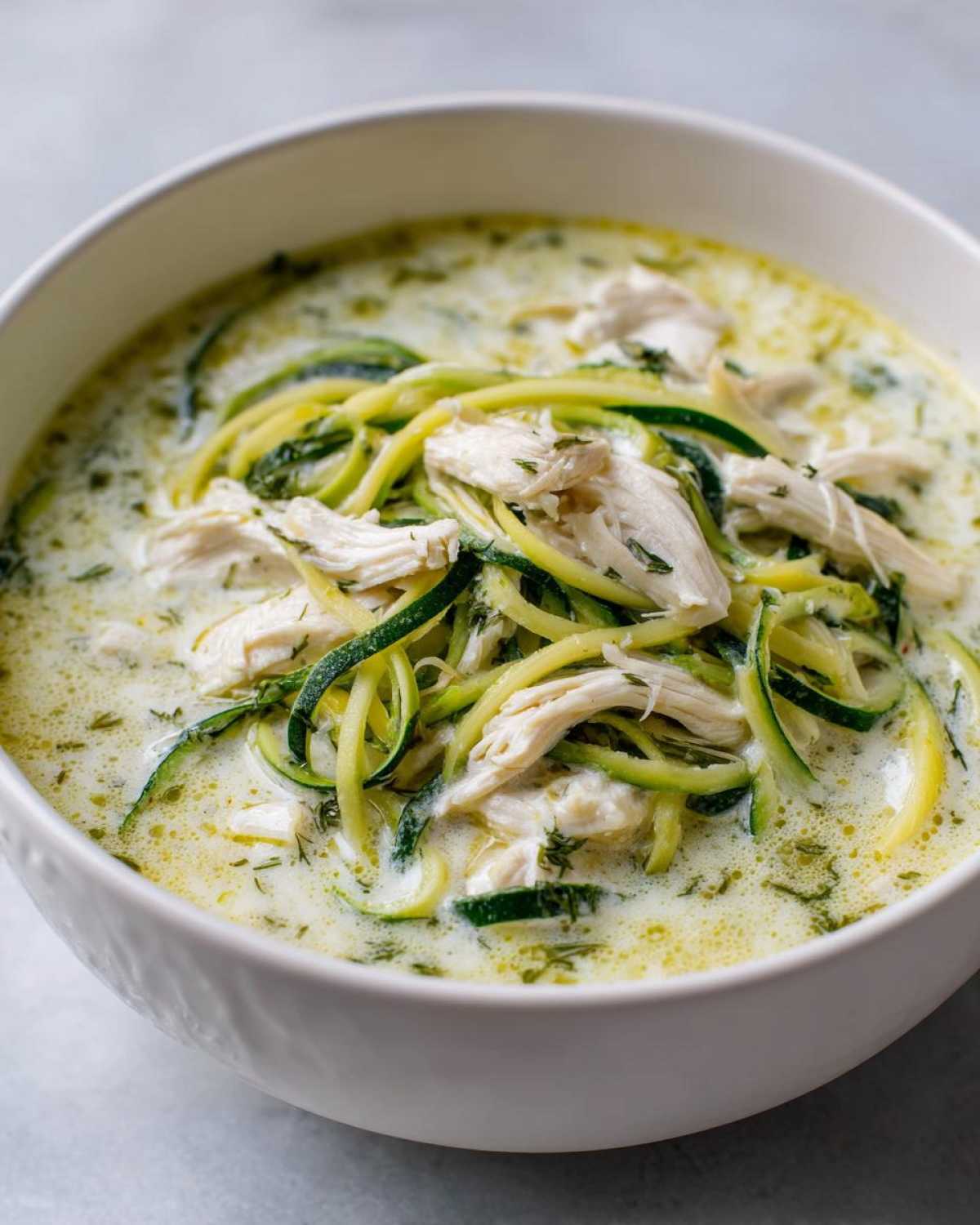 A close-up view of a white bowl filled with Keto Creamy Chicken Zoodle Soup, featuring shredded chicken and zucchini noodles in a rich broth.
