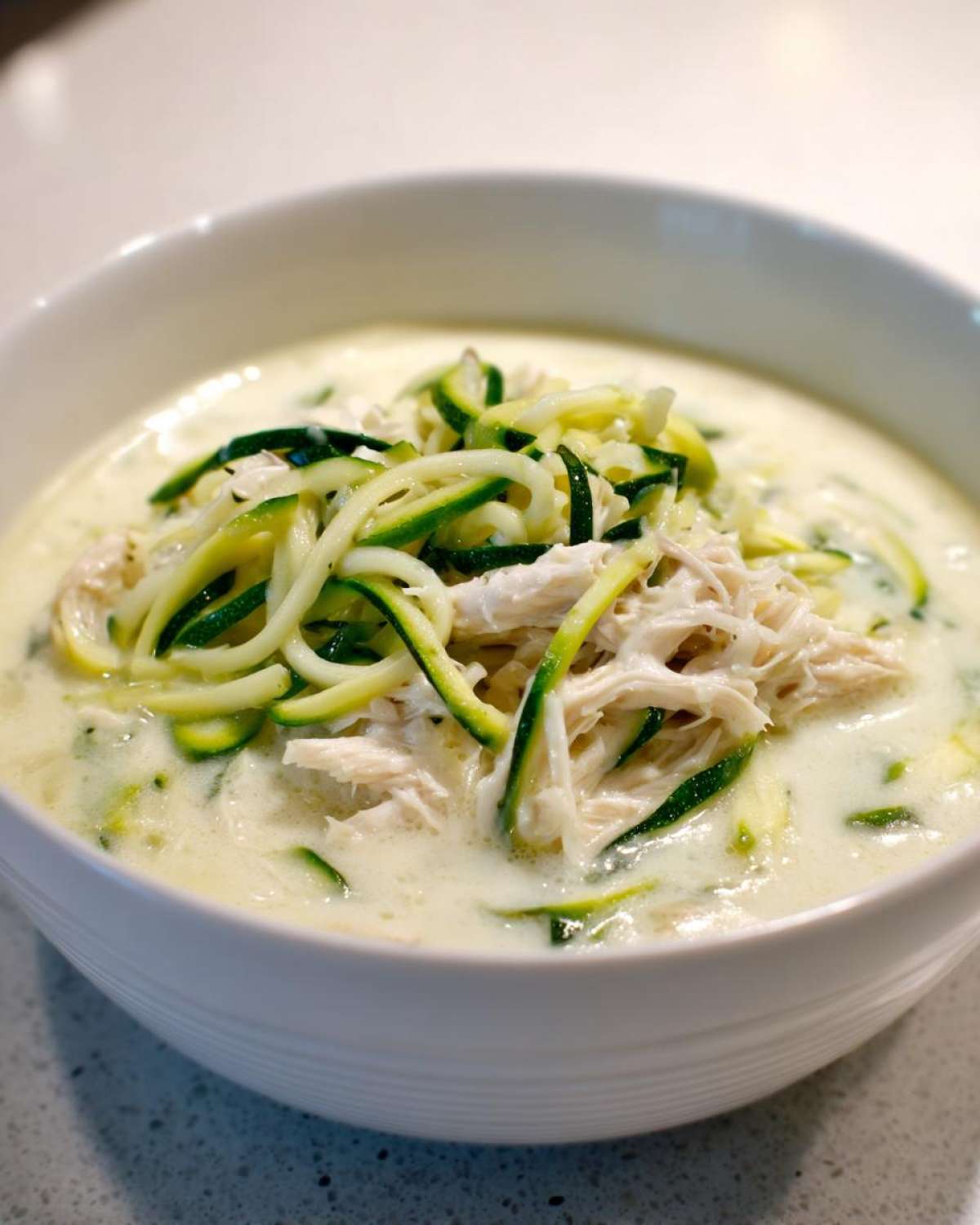 Close-up of a white bowl filled with Keto Creamy Chicken Zoodle Soup, topped with shredded chicken and zucchini noodles.