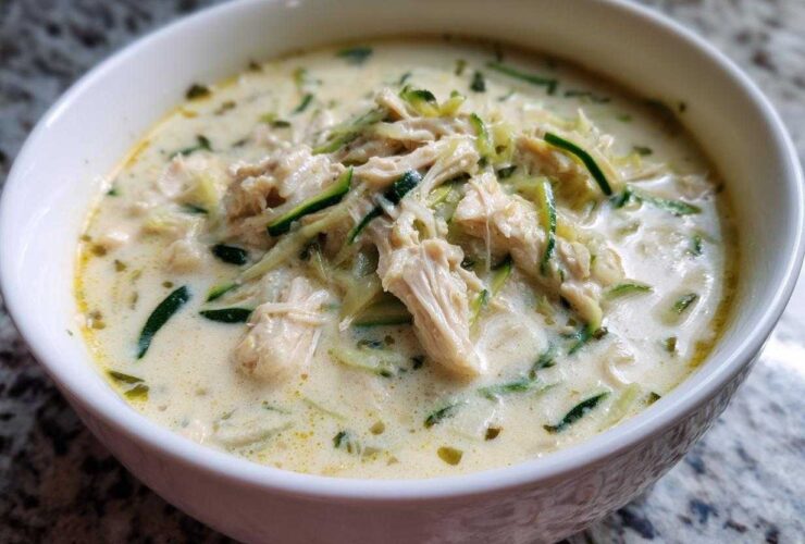 Close-up of a white bowl filled with Keto Creamy Chicken Zoodle Soup, featuring shredded chicken and zucchini noodles in a rich broth.