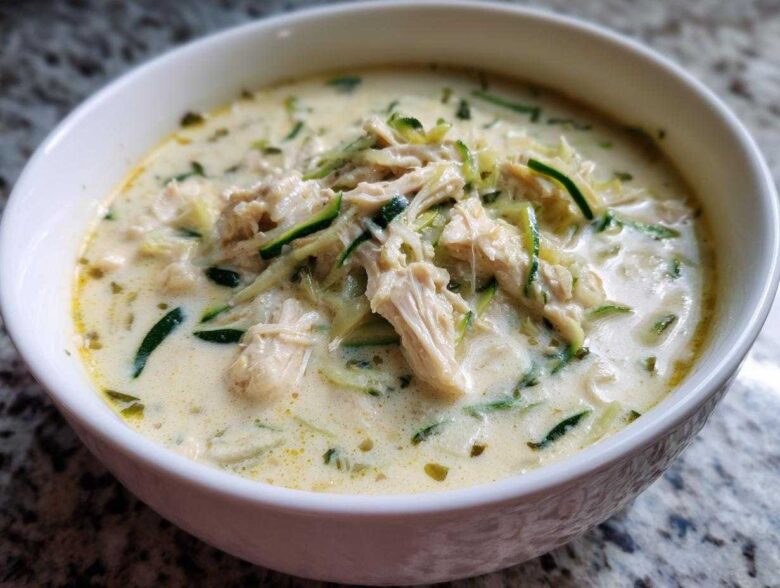 Close-up of a white bowl filled with Keto Creamy Chicken Zoodle Soup, featuring shredded chicken and zucchini noodles in a rich broth.