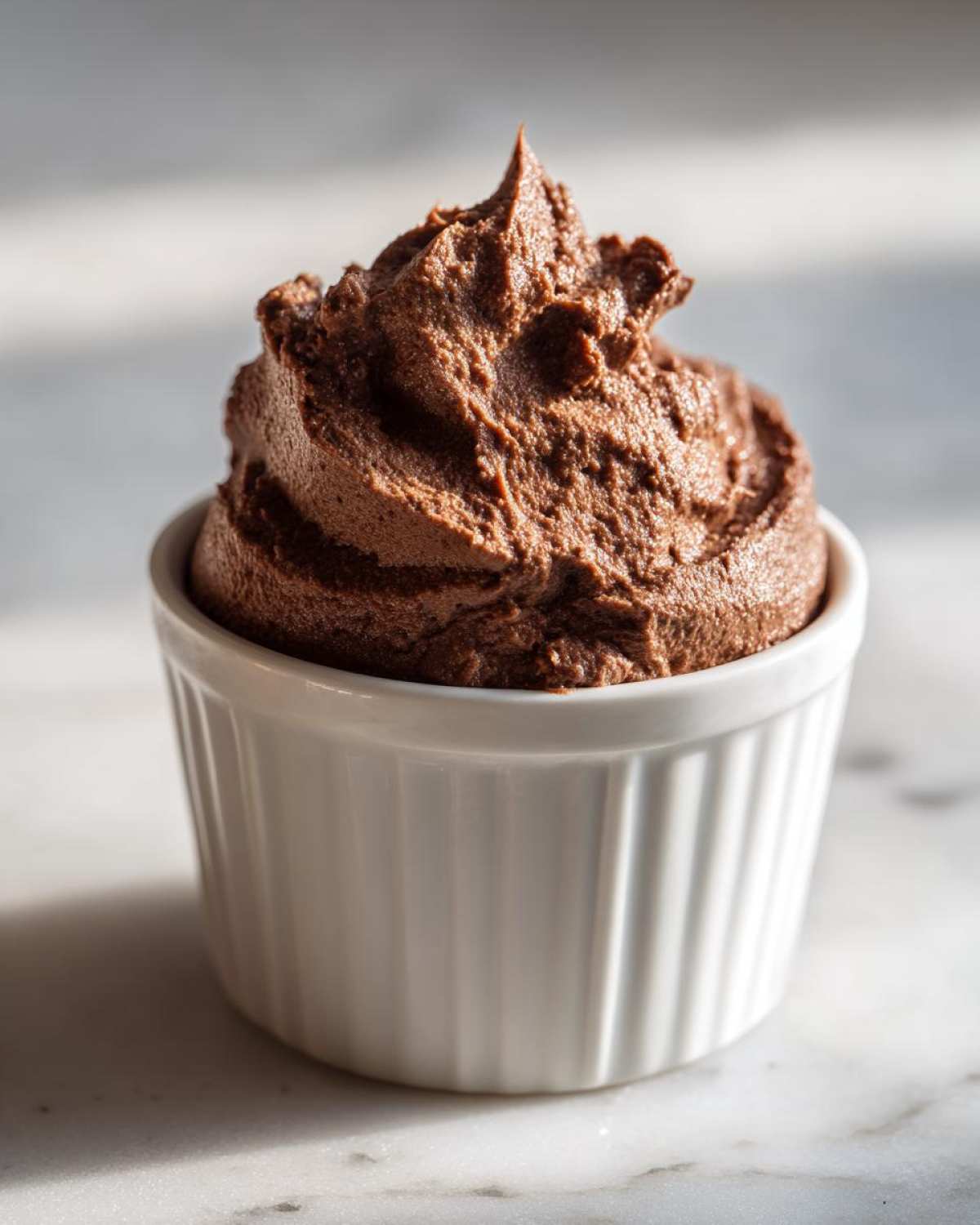 A single serving of rich, dark brown Keto Creamy Chocolate Cheesecake Mousse piped high in a white ramekin.
