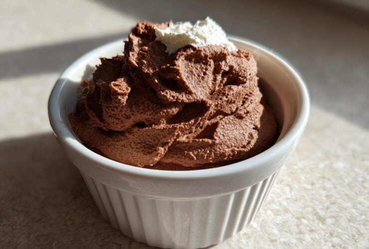 A serving of rich Keto Creamy Chocolate Cheesecake Mousse topped with a dollop of whipped cream in a white ramekin.