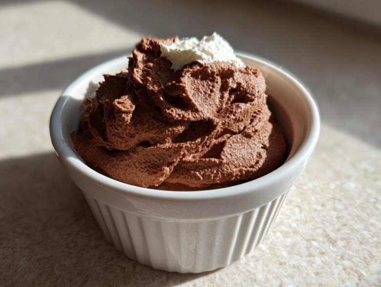 A serving of rich Keto Creamy Chocolate Cheesecake Mousse topped with a dollop of whipped cream in a white ramekin.