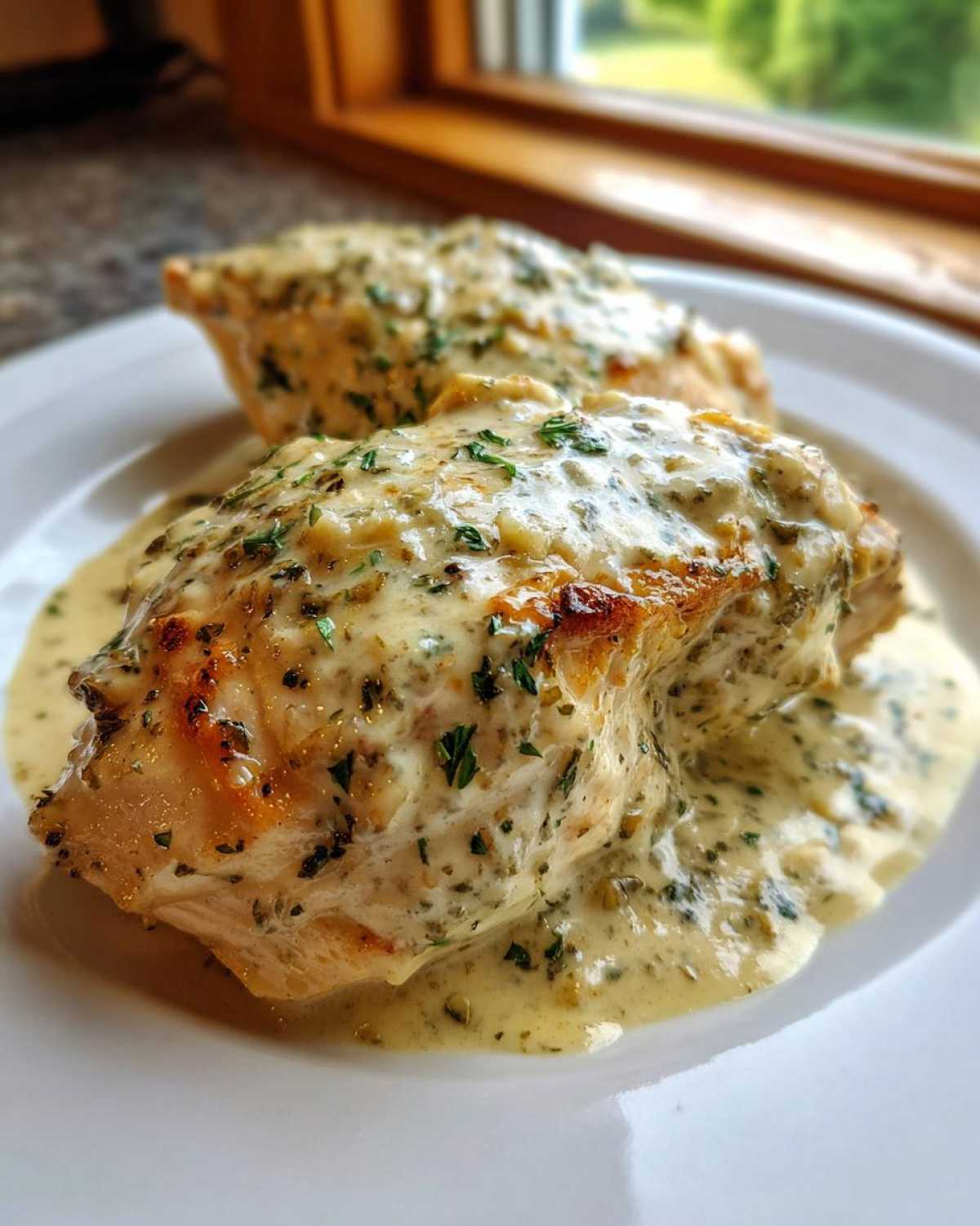 Two pieces of golden-brown chicken breasts covered in a rich, creamy garlic herb sauce, served on a white plate.