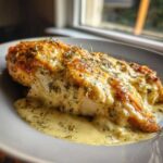 A juicy chicken breast covered in melted cheese and creamy garlic herb sauce, part of the Keto Creamy Garlic Herb Chicken Bake.