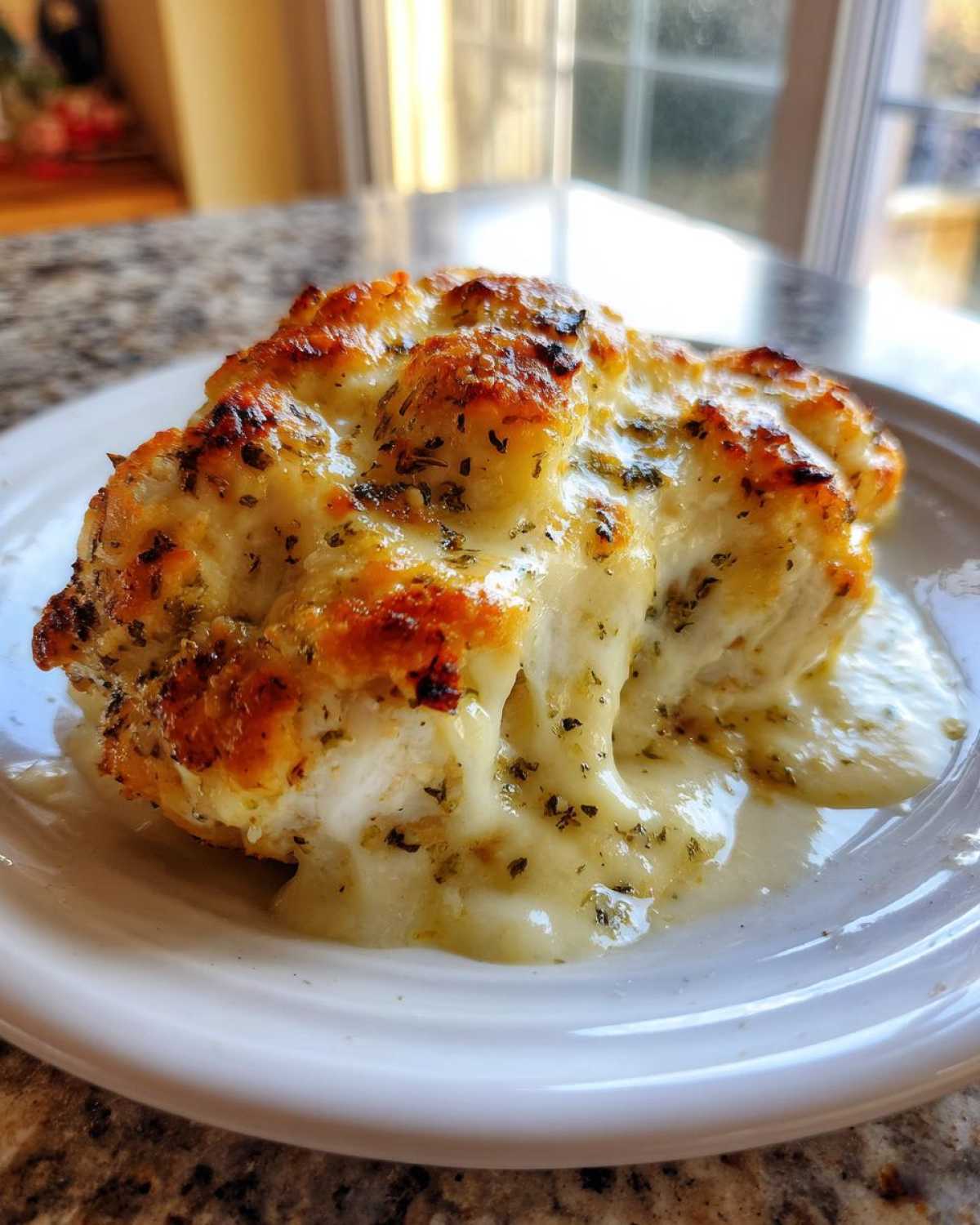 A serving of Keto Creamy Garlic Herb Chicken Bake with melted cheese and herbs on a white plate.