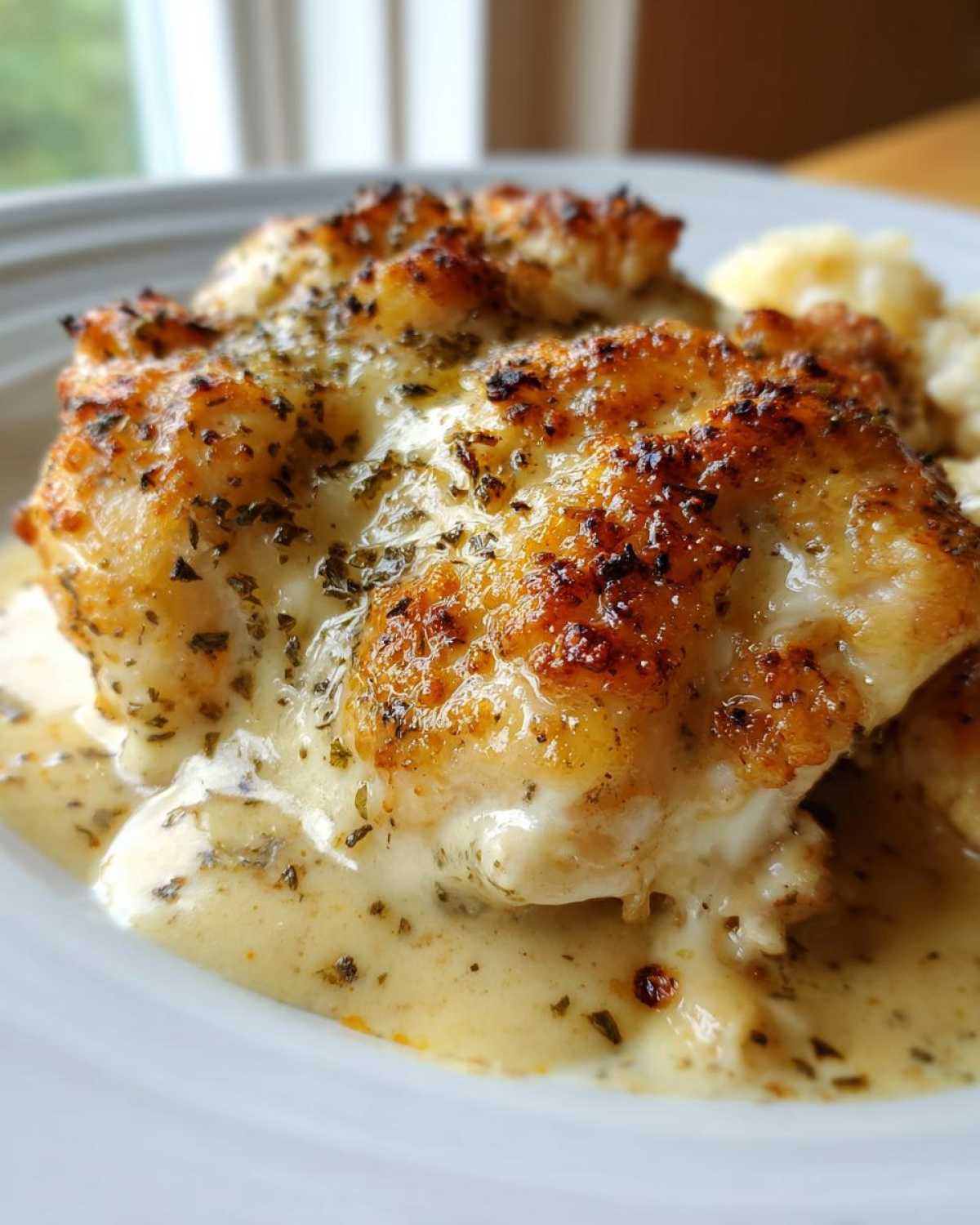Close-up of golden-brown Keto Creamy Garlic Herb Chicken Bake covered in rich, creamy sauce and herbs.