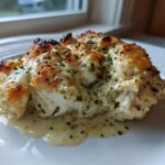 A close-up of a portion of Keto Creamy Garlic Herb Chicken Bake with a browned, cheesy topping and creamy sauce.