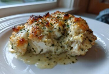 A close-up of a portion of Keto Creamy Garlic Herb Chicken Bake with a browned, cheesy topping and creamy sauce.
