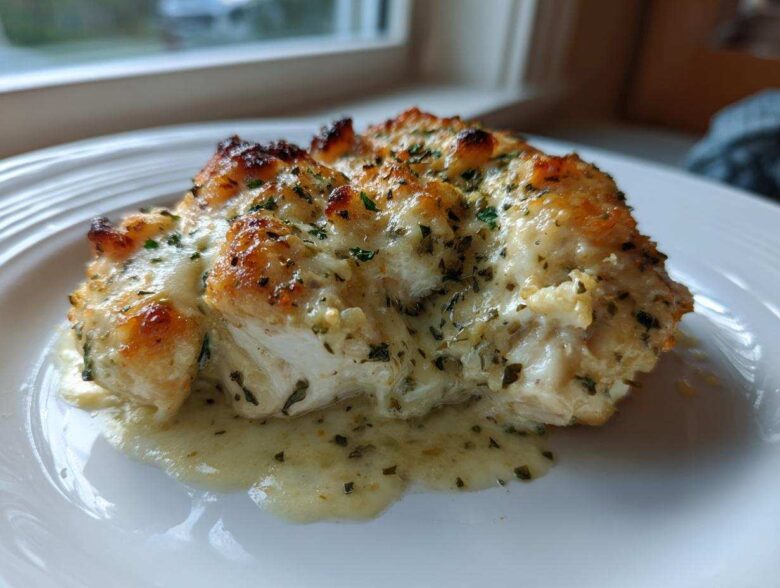 A close-up of a portion of Keto Creamy Garlic Herb Chicken Bake with a browned, cheesy topping and creamy sauce.
