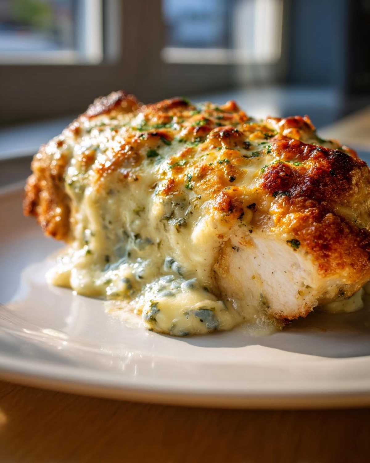 A close-up of a juicy, baked chicken breast topped with melted, browned cheese sauce in a Keto Creamy Garlic Herb Chicken Bake.